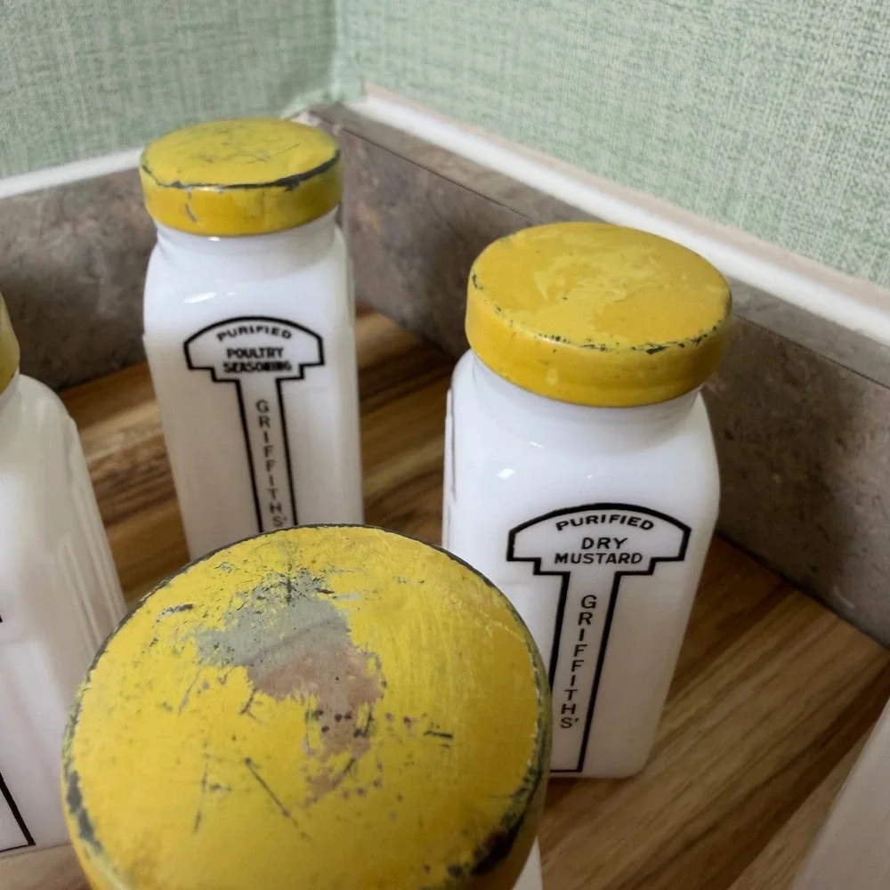 Vintage Griffiths Milk Glass Spice Jars Set of 9 White Art Deco Yellow Lids